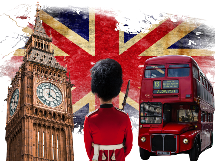 big ben, double deker bus, british flag and guard