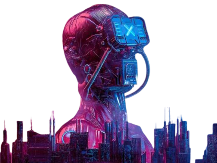 robot person with VR like goggles in pink and purple