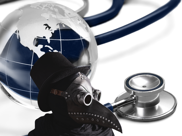 Medieval plague doctor, globe, and stethoscope