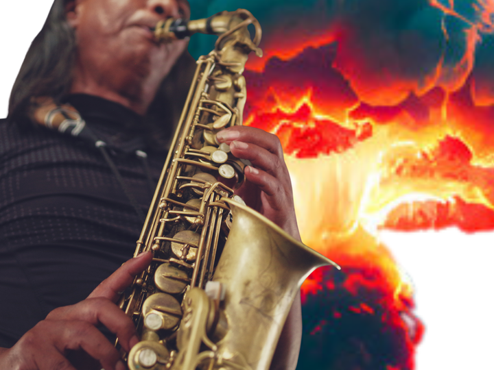 a person paying a saxaphone with an mushroom cloud behind them