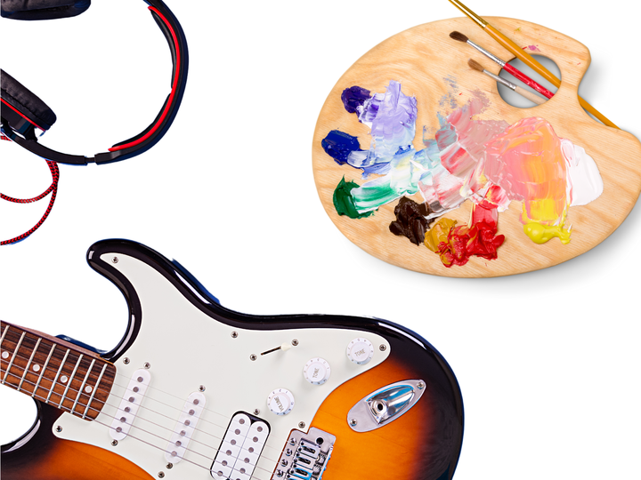 guitar, earphones, paint palate