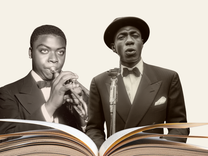 Open book with a vintage photograph of two men in suits, one playing a trumpet, the other near a microphone.
