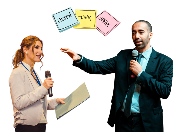 Man and Woman each speaking with post its saying "listen," "think," and "speak."