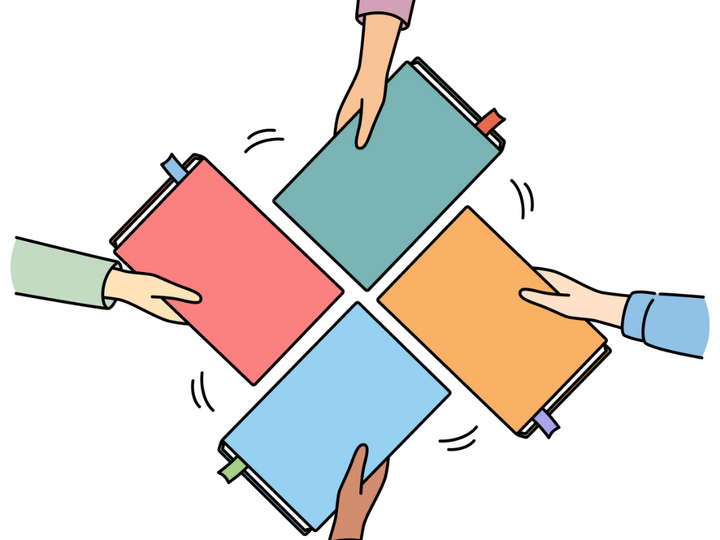 four hands each holding a book out to others