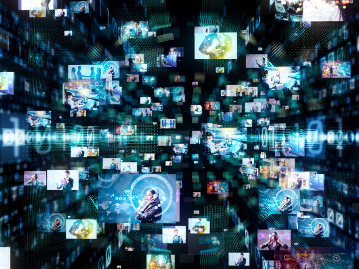Collage of digital screens in a futuristic, glowing data network.