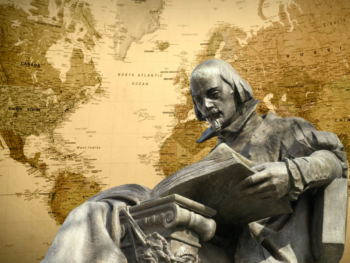 Statue of Shakespeare in front of a globe