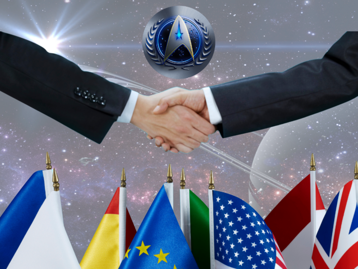 Two people shaking hands, with Star Trek icon, a range of Earth country flags, and a space landscape background