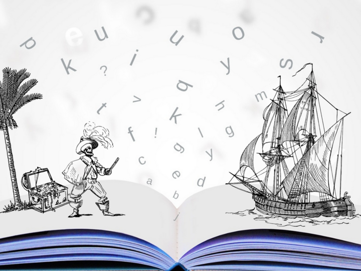 Pirate and pirate ship on the pages of a book