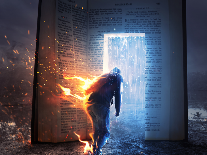 Man on fire running toward a book