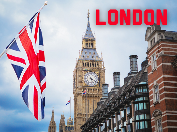 Union Jack flag, Big Ben, and red "London" text over modern architecture under cloudy sky.