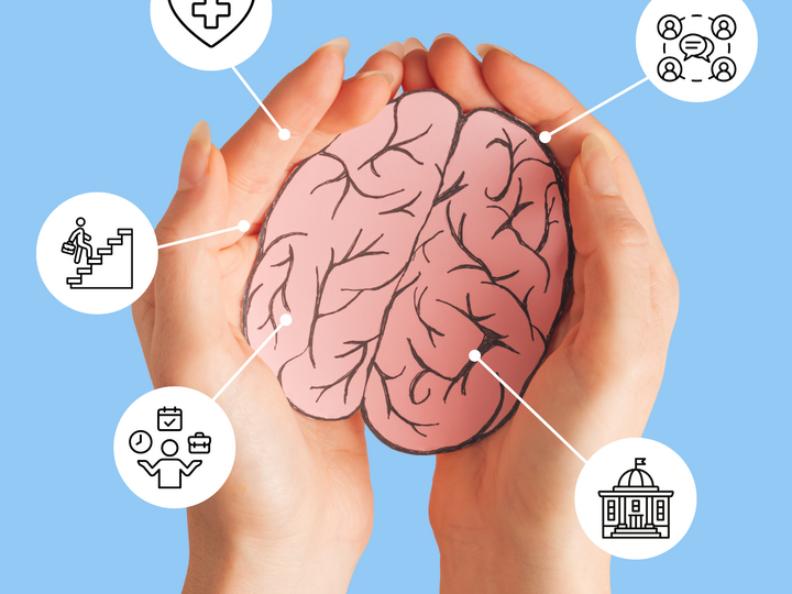 Hands cradling a drawn brain with icons representing health, community, education, work, and wellness.