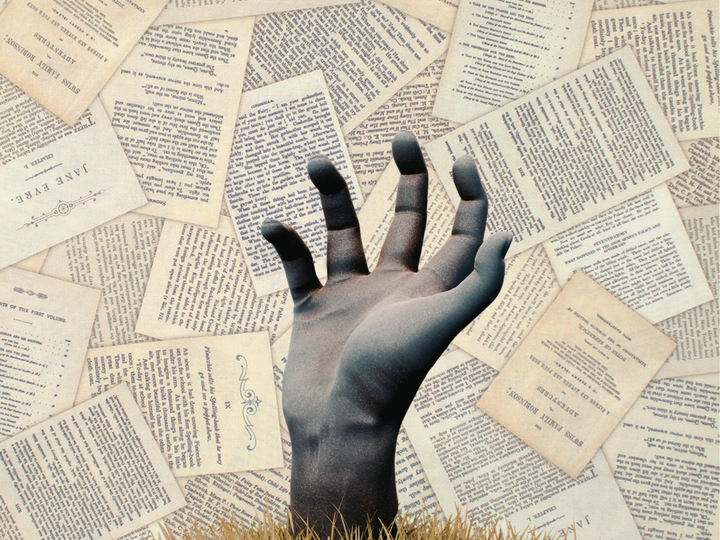 A grayscale hand emerges from grass, surrounded by scattered book pages.