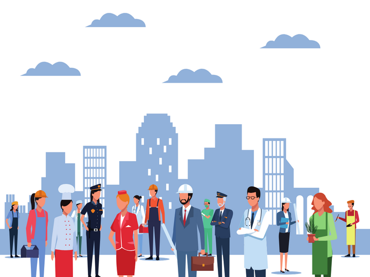 People with different occupations standing in front of a cityscape